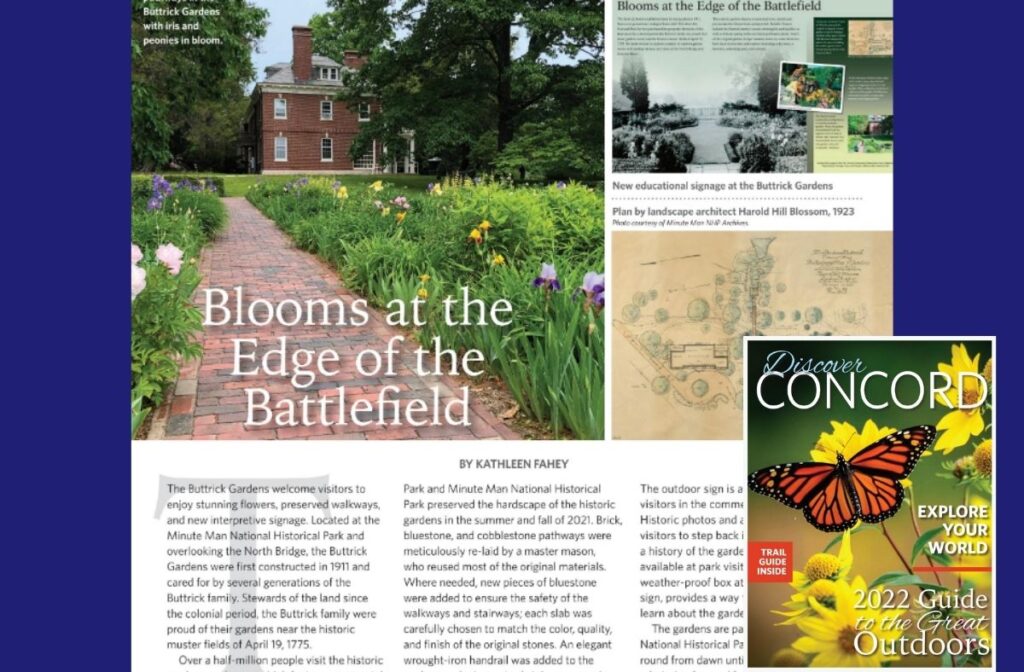 A snippet of a magazine article about the Buttrick Gardens with the front page from Discover Concord Magazine