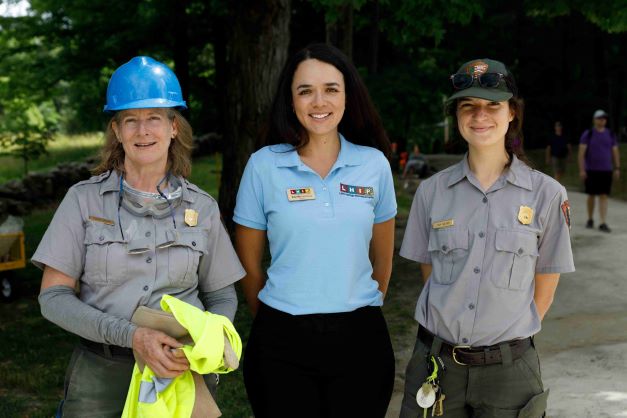 Margie Brown, Integrated Resources Program Manager at Minute Man; Estrella Sainburg, Latino Heritage Intern at Minute Man; Kiah Walker, Biologist at Minute Man. Margie, Estrella, and Kiah are are working on trail repairs at Minute Man National Historical Park. Photo courtesy of Jasmine Nelson Photography
