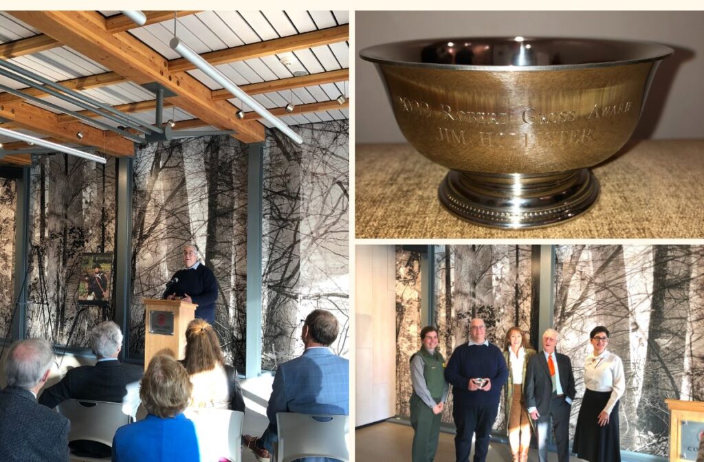 left to right, clockwise: Jim receives his award with friends, family, and colleagues in the audience. The award is a sliver footed bowl with engraving. Simone Monteleone, Supt. of Minute Man National Historical Park, Jim Hollister, Anna West Winter, Robert Gross, Lisa Krassner, Ex. Dir. of the Concord Museum.