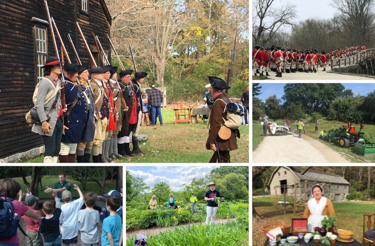 A series of pictures depicting reenactors in colonial dress and images of people working in the landscape.